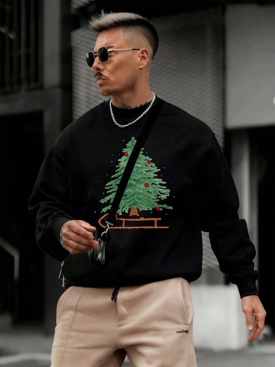 Herrenbekleidung mit Weihnachtsbaum-Print, hochwertiger Stoff, bequeme Passform, atmungsaktiv, Street Hip-Hop-Stil, Grafikdesign - Schwarz - Übersicht 1