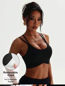 Women's Solid Color Round Neck Criss-Cross Removable Padded Fashionable Knit Sports Bra - Black - View 1