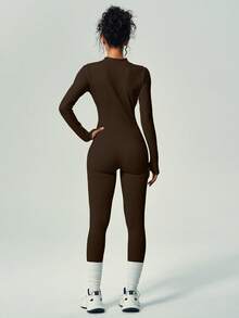 UONNOU 1 Piece Jumpsuit One-Piece Sportswear Peach Hip Lift Waist Control Abdomen Slim Leg Full Body Shaping Zipper Half-Opening Long Sleeve Thumb Hole Design Small Stand-Up Collar Suitable For Sports Skiing Cycling Gym Yoga Ball Sports Exercise Indoor And Outdoor Daily Leisure Seamless Ribbed Knitted Fabric Sportswear Autumn And Winter Style - Brown - View 8