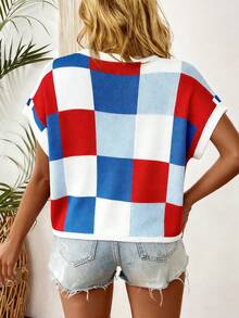 大码女式彩色格子圆领休闲阿兰针织套头衫