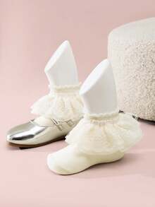 1/5 Pairs Girls Beige Casual Ruffle Trim Socks, Breathable Lace Trim Socks, Princess Style, Dance Socks, Suitable For Daily Wear, Spring/Summer - Beige - View 2