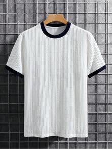 Herren Sommer Lässig Crew Neck Patchwork Schwarz & Weiß gestreiftes Kurzarm T-Shirt - Weiss - Übersicht 4