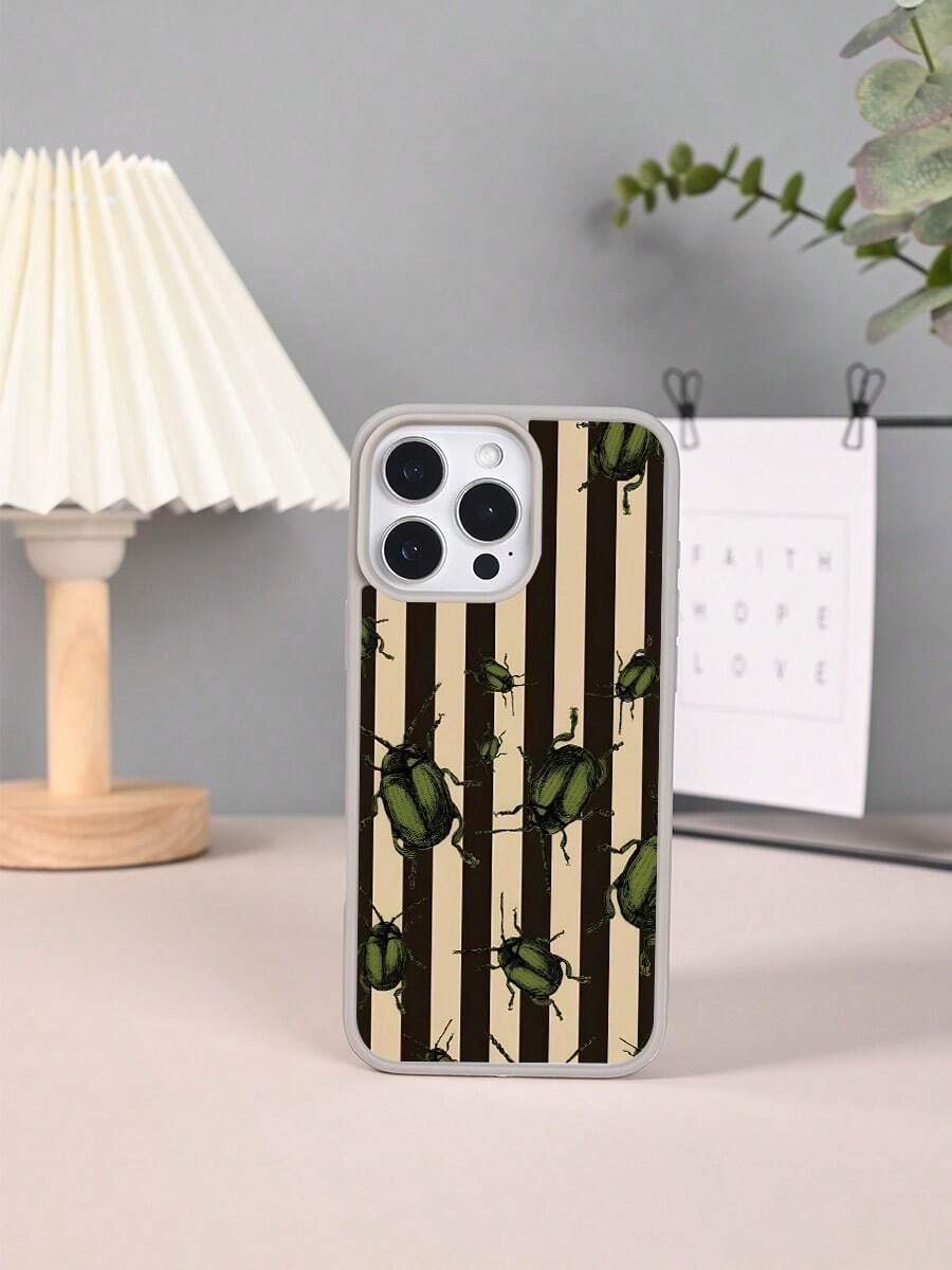 Funda de Silicona TPU para iPhone X/XS/11/12/13/14/15/16 y  S22/S23/S24/S25, Estilo Retro con Diseño de Escarabajos Verdes y Rayas Negras y Beige, Protectora Antigolpes, Ideal para Mu - Gris Claro - Ver 1