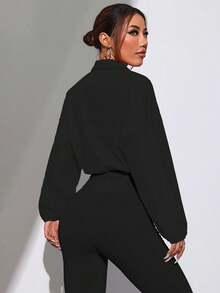 Chaqueta deportiva con bloqueo de color, cremallera completa y dobladillo con cordón, chaqueta corta casual para exteriores, otoño/primavera. - Negro - Ver 3