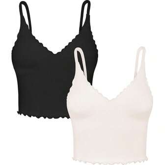 Tank Top For Women, V Neck Seamless Ribbed Crop Camisole With Ruffles