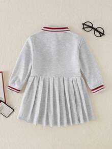 Toddler Girls' Casual School Sports Style Letter Print Contrast Striped Ruffle Collar Pleated Dress, Autumn/Spring & Winter - Grey - View 2
