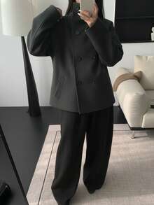 复古风格纯色双排扣高领女式夹克，秋冬通勤女式外套 - 黑色 - 查看 5