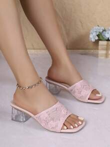 1 Pair Lace Flower Decor Square Toe High Heel Transparent Chunky Heel Sandals, Sweet Girl Style, Summer Pink Lace Teenage High Heel Sandals - Baby Pink - View 7