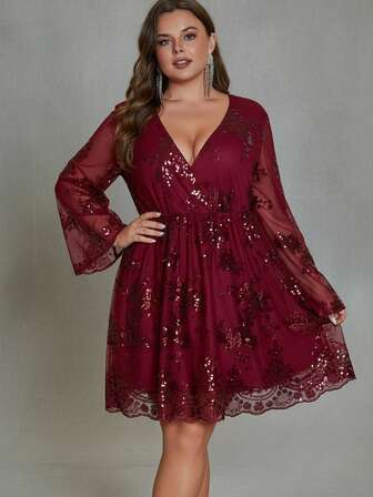 D&M Plus Sequin Embroidery Sexy Deep V Long Sleeve Prom Party Evening Dress