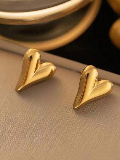 1 par de pendientes de botón con forma de corazón dorado, pendientes de estilo coreano/japonés minimalista y elegante, versátiles para uso diario y para ir al trabajo (empaquetado en bolsa de OPP)