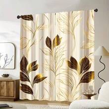 2 pièces Rideaux élégants à imprimé feuille, design artistique abstrait doré et marron, rideaux en polyester semi-transparents, durables et lavables en machine, avec passants pour tringle (tringles non incluses), convient pour le bureau, le salon, la chambre, la salle à manger, la cuisine, la salle de bain, le bureau. Rideaux semi-transparents faciles à installer, décoration d'intérieur quotidienne, convient pour toutes les saisons - Multicolore - Voir 2