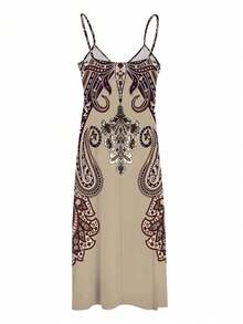 Đầm hè không tay cổ chữ V in hoa cổ điển, thích hợp cho kỳ nghỉ, tiệc tùng, đi nghỉ mát, thanh lịch. - Lạc đà - Xem 3