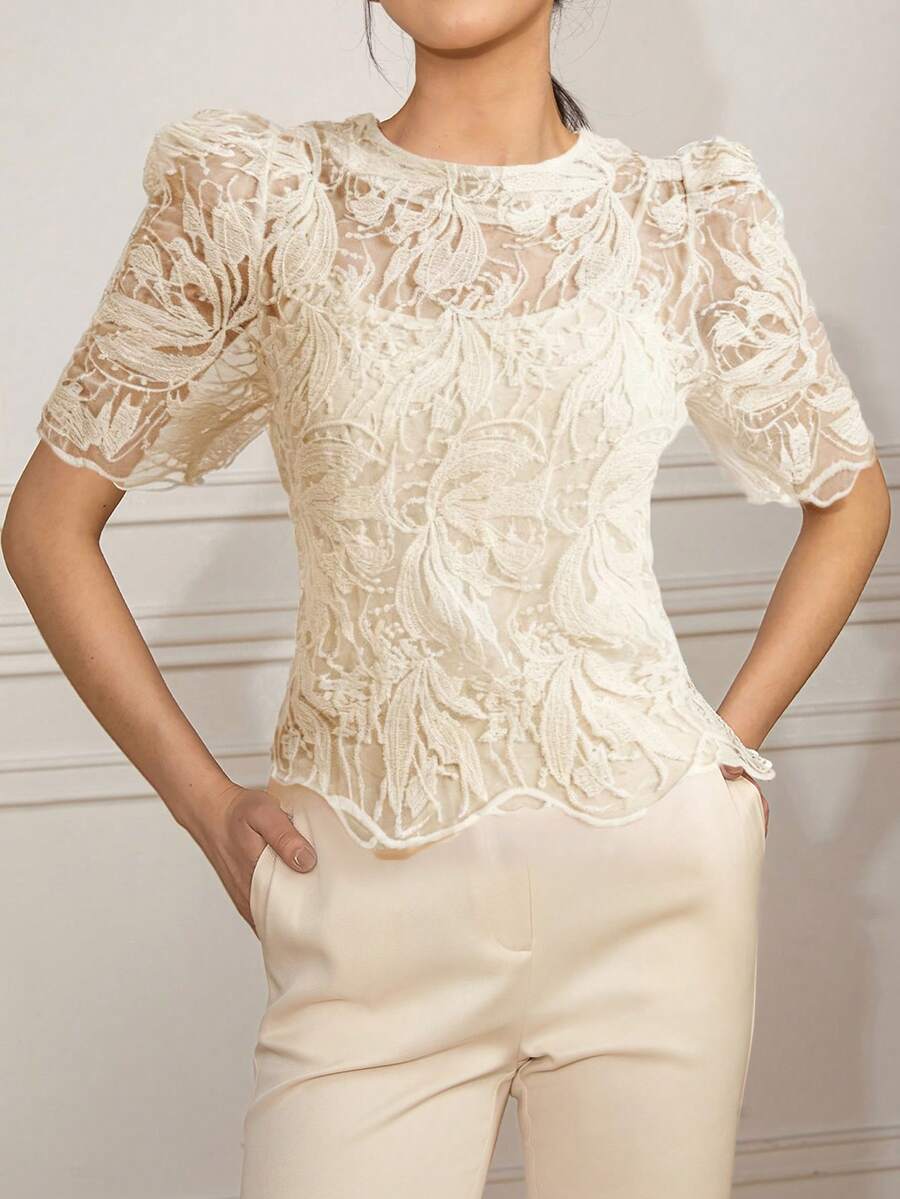 Cubre elegante de encaje para mujer con mangas abullonadas y diseño calado, con patrón floral aleatorio (excluye la ropa interior, el bajo ondulado se coloca aleatoriamente, no fijo) - Albaricoque - Ver 1