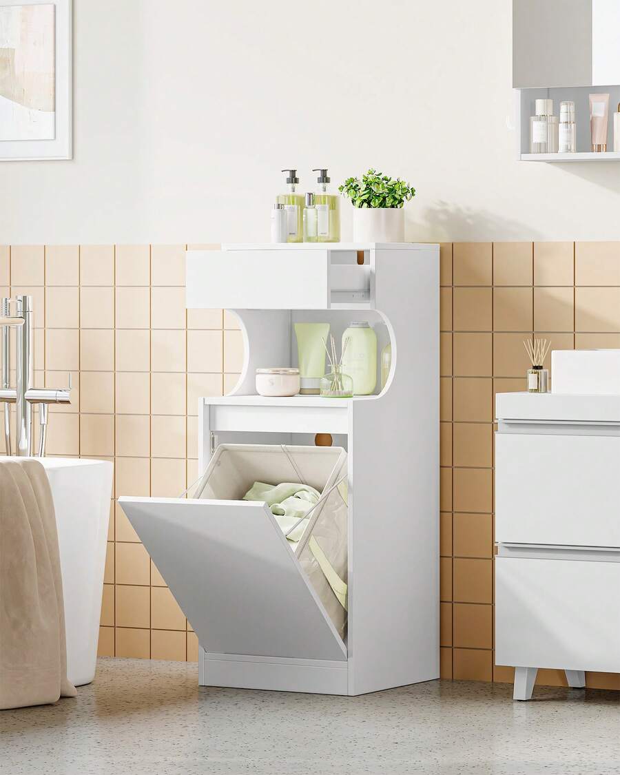 HaluPeit Bathroom Cabinet With Laundry Basket, Laundry Cupboard With 1 Drawer And Open Storage Space, Bathroom Cabinet With Laundry Hamper For Bathroom, Laundry Room, 40 X 40 X 100 Cm White - trắng - Xem 1