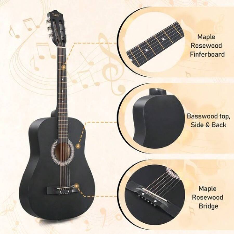 38 Beginner Acoustic Guitar Starter Kit/Gig Bag, Strings,Strap,Pick,Blac - 1 - Xem 1