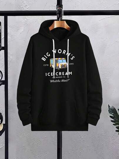 Sudadera con capucha gráfica vintage de camión de hielo para hombres -% poliéster, sudadera casual con bolsillo canguro, ajuste regular, cómodo jersey para otoño e invierno, negro, TALLA G6EL