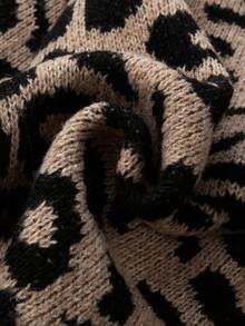 2025 Autumn New Loose Fashion Mid-Length Knitted Cardigan, V-Neck Leopard Print Patchwork Sweater - Multicolor - View 5