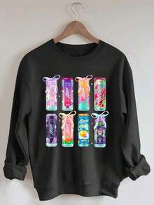 Alani Graphic Print Sweatshirt Women's Alani Graphic Print Sweatshirt Short Sleeve Crew Neck Casual Top With Vibrant Cartoon Design Soft Polyester Blend Perfect For FallWinter Casual WearPlayful DesignComfortable FitWomen's Hoodie Holiday Limited Edition Spring New Arrivals Y2K Style Fashionable And Versatile Soft Fabric - 黑色 - 查看 7