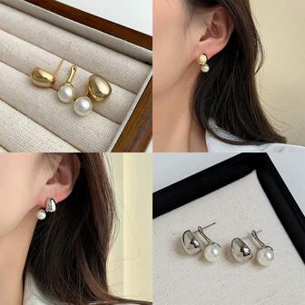 1 Pair Luxury Faux Pearl Minimalist Versatile Stud Earrings, Fashionable & Elegant Design For Mature Women, Daily Wear