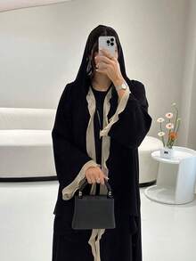 High-End Fashion Turkish Modest Ruffle Trim Women Dress Abaya Cardigan, Kaftan - Black - View 3