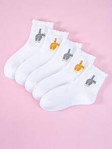 1/2/5 Pairs Cat & Bell Design Casual Mid-Calf Socks, Bubble Opening, Ruffled Edge, Pleated Edge, Ladies' Socks Funny & Cute For Summer Of Novel And Creative Abstract Cat Socks, Cute Cat, Egg Jingle Bell Patterned Funny Crew Socks, Suitable For Summer Three-Dimensional Cat Egg Socks, Mid-Tube Socks, Cute And Funny Cats - Comfortable And Breathable, Suitable For Both Home And Outdoor Use - Pink - View 12