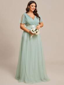 Plus Size Green Ruched Waist High Waist Mesh Bridesmaid Dress, Suitable For Spring/Summer Wedding, Party, Birthday - Mint Green - View 6
