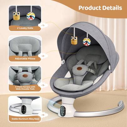 Newborn Swing Chair Bouncer - 5 Adjustable Swing Amplitudes, APP+Remote Control & Bluetooth, Portable Baby Rocker For Infants