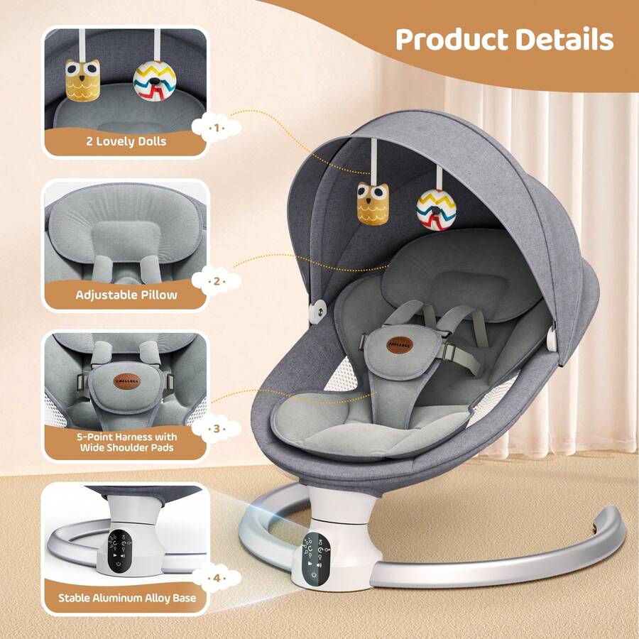 Newborn Swing Chair Bouncer - 5 Adjustable Swing Amplitudes, APP+Remote Control & Bluetooth, Portable Baby Rocker For Infants - Light Grey - View 1