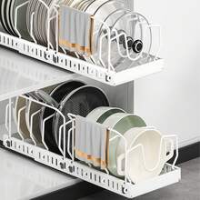 Organizador Deslizante para Ollas y Tapas - Pull Out Cabinet Organizer for Pot and Pan Storage 10 Divisores con Barandilla, Profundidad Ajustable 42-53 cm, Color Blanco - Blanco - Ver 6