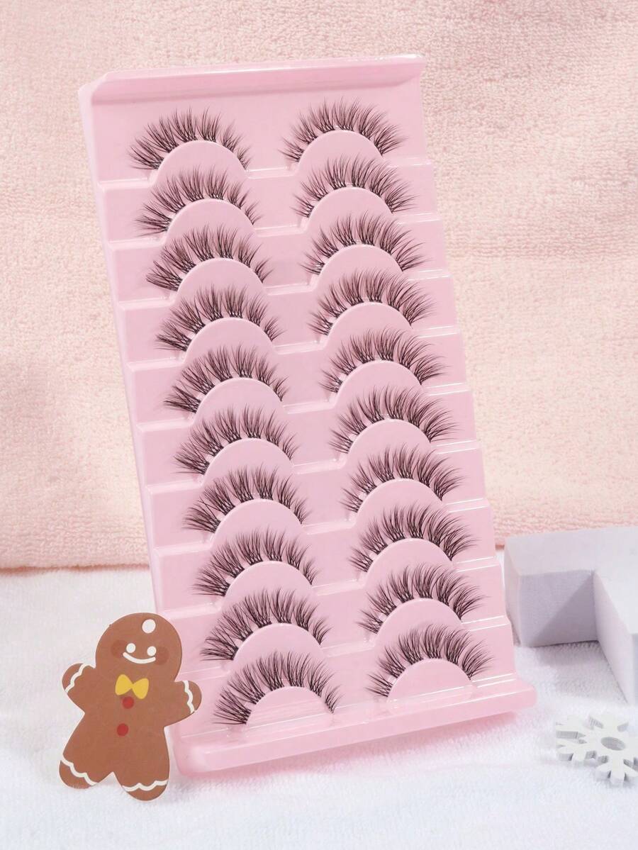 10/20Pairs Of Natural Cross Full False Eyelashes With Clear/Black Stem,Fluffy Slim For Everyday Use Manga Eyelashes, Travel Essentials - Black - View 1