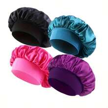 4-Pack Women's Fashion Oversized Satin Cap With Loose Strap - Soft And Smooth Sleep Cap, Suitable For Curly And Straight Hair, Ideal For Daily Use And Sports - Đen + Xanh mòng két + Đỏ tía + Khaki - Xem 3