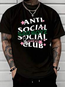 Bold Anti Social Sad Boyz Club Statement With Pink Stars And Retro Phone Print Symbolizing Rebellion 100% Cotton Men's Tshirt - 黑色 - 查看 8