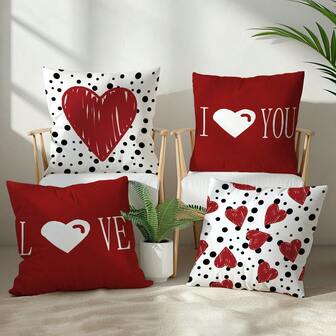 4 fundas de cojín con estampado de lunares negros y corazones rojos, material de terciopelo suave impreso por un solo lado, tamaños 40*40/45*45/50*50CM, adecuadas para el hogar, dormitorio, sala de estar, decoración de fiestas, cojines decorativos para sofá, regalos festivos, sin relleno de cojín