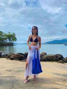 Women's Large Crochet Beach Bag, , With Shoulder Strap, Knitted, For Pool, Summer. - Royal Blue - View 3