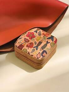 1个复古旅行首饰盒，小型皮革首饰盒，复古镜面首饰盒，收纳整理，复古长款优雅软木便携大容量首饰盒，防尘首饰盒，优雅印花首饰盒，迷你PU皮革复古印花带镜首饰盒 - 彩色 - 查看 11