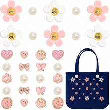 30 Pcs Pink Beach Charms, Accessories Flower Pearl Cute Decoration Bag Charms Bogg Bags Rubber Tote Beach Bags Women - ban đầu - Xem 2