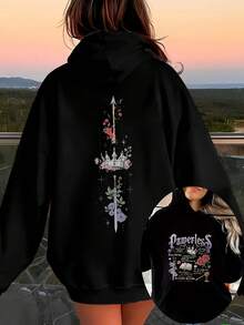 Women'S Gothic Medieval Fantasy Hooded Sweatshirt - Dark Fantasy Graphic Pullover With Crown & Sword Design, Loose Fit Long Sleeve Hoodie, Machine Washable Top For Everyday & Themed Events, All-Season Casual Hoodie For Cosplay, Halloween - 黑色 - 查看 1