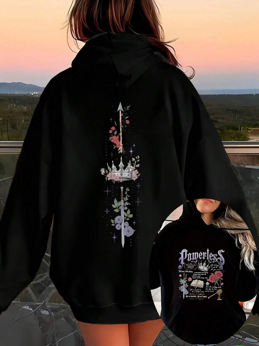 Women'S Gothic Medieval Fantasy Hooded Sweatshirt - Dark Fantasy Graphic Pullover With Crown & Sword Design, Loose Fit Long Sleeve Hoodie, Machine Washable Top For Everyday & Themed Events, All-Season Casual Hoodie For Cosplay, Halloween - 黑色 - 查看 1