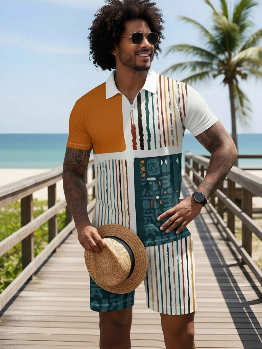 Men's Zip-Up Striped & Geometric Print Polo Shirt And Shorts Casual Suit - Multicolor - View 1