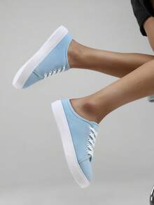 Women's Solid Canvas Slippers, Platform Round Toe All-Match Lace Up Breathable Slip On Shoes, Women's Footwear - Blue - View 2