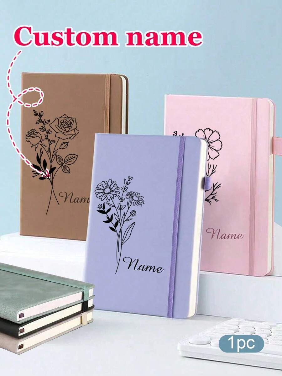 1pc Customized PU Leather Notebook, Engraved With Birthday Floral Pattern, Soft Leather Cover, Personalized Notebook, Christmas Gift, Birthday Flower Gift, Valentine's Day Gift, Anniversary Surprise, Teacher's Day Gift - Multicolor - View 1