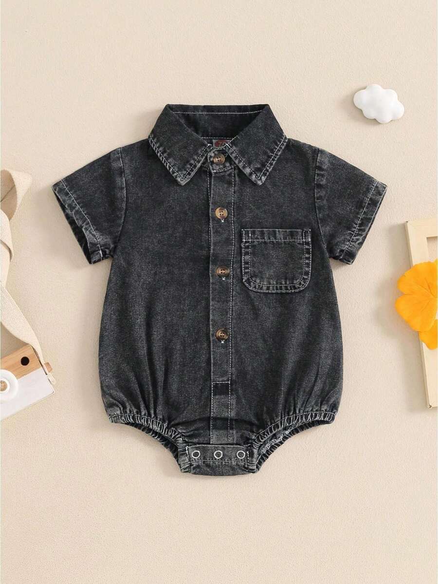 Mono vaquero para bebés, niños y niñas, color liso, manga corta, cuello vuelto, monos de verano con botones, monos casuales - Gris Oscuro - Ver 1