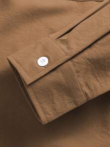 Men's Solid Color Comfortable Breathable Material Polo Collar Double Pocket Loose Long Sleeve Shirt And Drawstring Accent Pants Two Pieces Set, Suitable For Casual, Fashion, Commuting, Street Style, Summer New Arrival - Brown - View 6