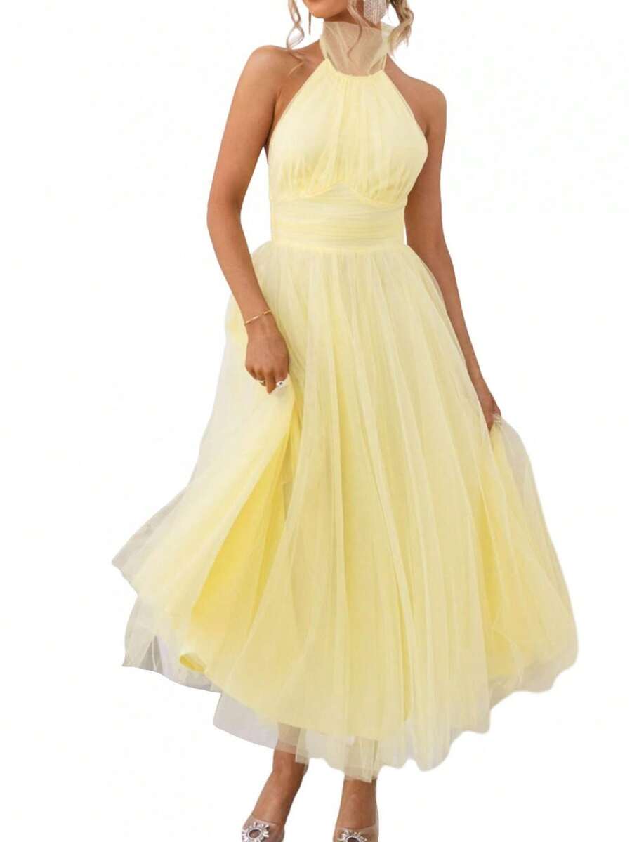 Womens Backless Long Dress Adjustable Tie Halter Neck Tulle High Waist Solid Party Wedding Dress - 黃色 - 查看 1