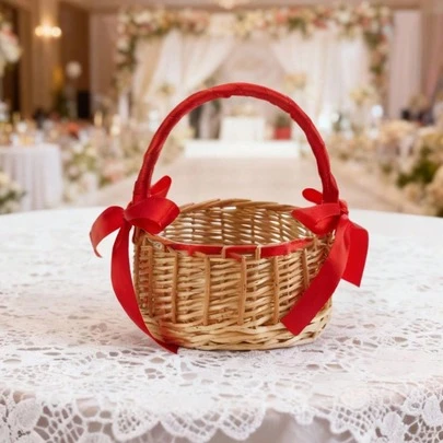 1Pc Handheld Wooden Woven Flower Basket, Woven Storage Basket, Bedroom Decor Flower Basket, Elegant And Rustic Bow Flower Basket For Flower Girls/Bridesmaids, Large Capacity Lightweight And Portable Storage Basket, Photography Art Basket, Wedding Flower Girl Basket, Pearl Decorated Wooden Flower Basket, Home Flower Basket Ornament, Suitable For Wedding Ceremonies And Table Decorations