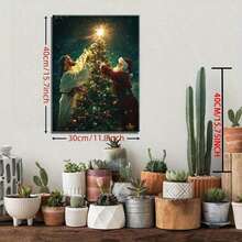 Arte en lienzo divertido con marco de madera - Póster de Jesús y Santa vestidos como árbol, decoración para sala de estar/cocina/pasillo, gran esposa, 15.7x11.8 pulgadas - Multicolor - Ver 4