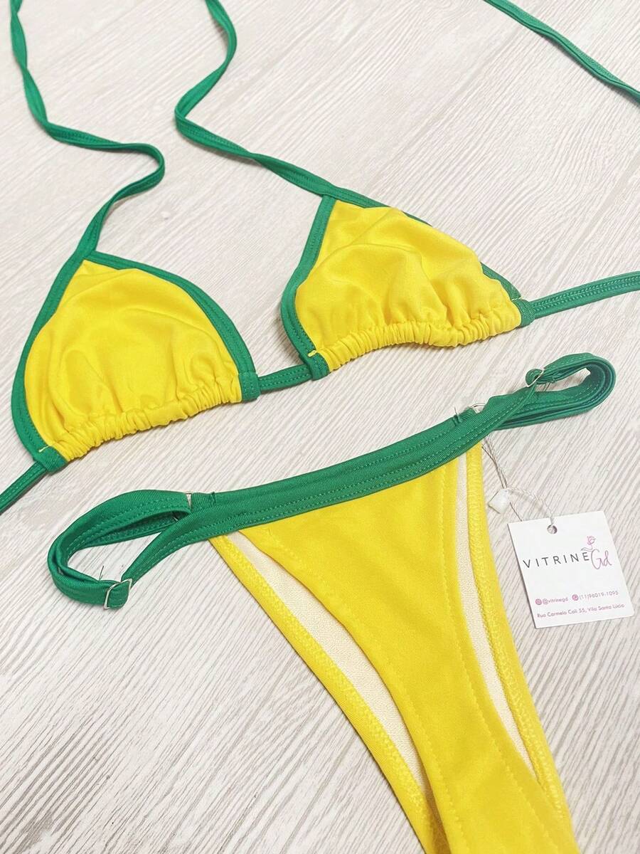 Biquini  Casual    Tecido    Nó  Costas nuas / sem costas  Tie Back    biquini  Férias  Praia  Feriado  viagem - Amarelo - Visão 1