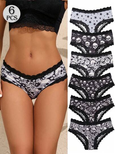 Dircho 6 piezas Ropa interior de mujer con estampado gótico - Bragas de cintura alta con estiramiento y ribete de encaje, con patrones de calavera, rosa y estrella