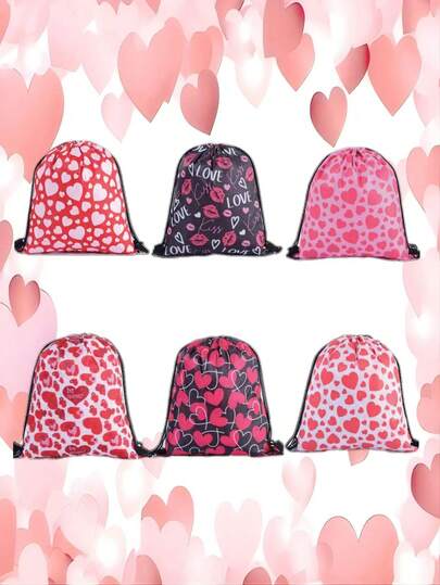 6 种购物袋 - 情人节礼物袋、心形印花派对礼品袋、可重复使用的节日/派对购物袋