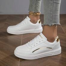 Women's Multi-Color Low-Top Sneakers: Metal-Trimmed Casual Shoes, Comfortable Flat White Shoes - 金色 - 查看 2